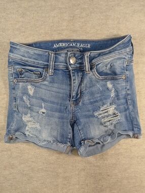 AE Outfitters Blue Distressed Denim Stretch Mid Rise Fold Over Jean Shorts 4 S